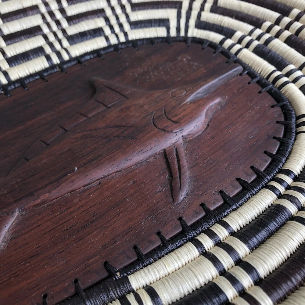 Handmade Woven Coil Tribal Oval‎ Wood Embossed Swordfish Tray Wall Basket